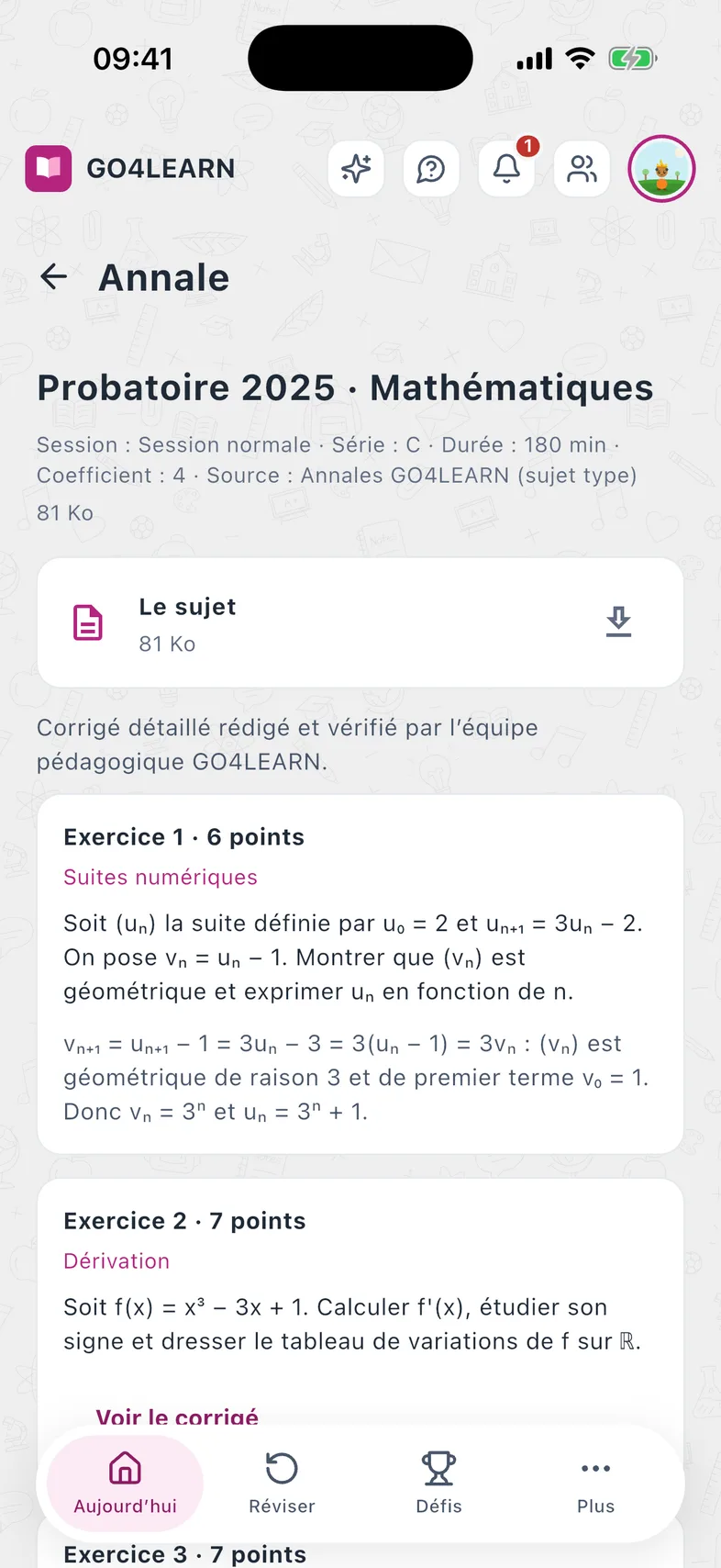 A Probatoire maths past paper, corrected exercise by exercise