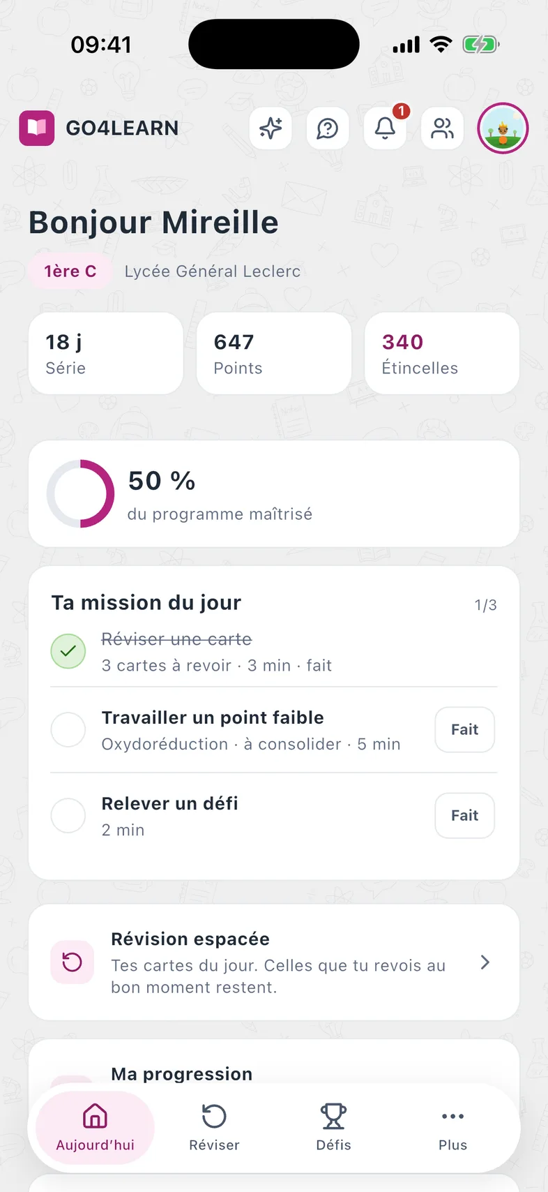 The GO4LEARN “Today” screen: the streak, the share of the curriculum mastered and today's mission